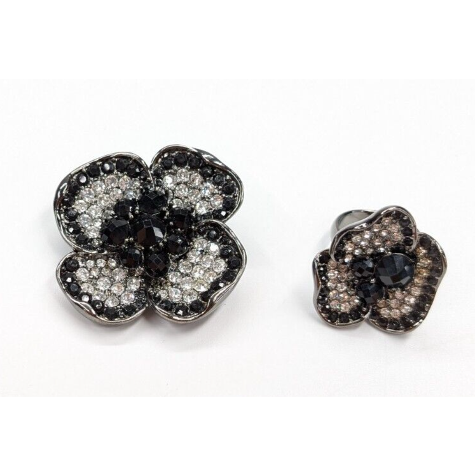 Lauren Conrad Pave Black Clear Rhinestone Flower Gunmetal Sz 8 Ring & Brooch Set